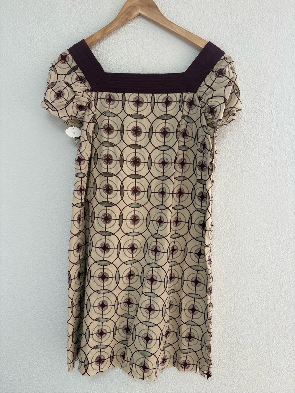 Beige Geometric Square-Neck Mini Dress in Brown Trim